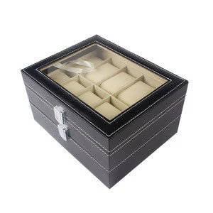 High quality Package  gift PU Black 20 slots Classic Watch Case Display  Watch Box with glass window