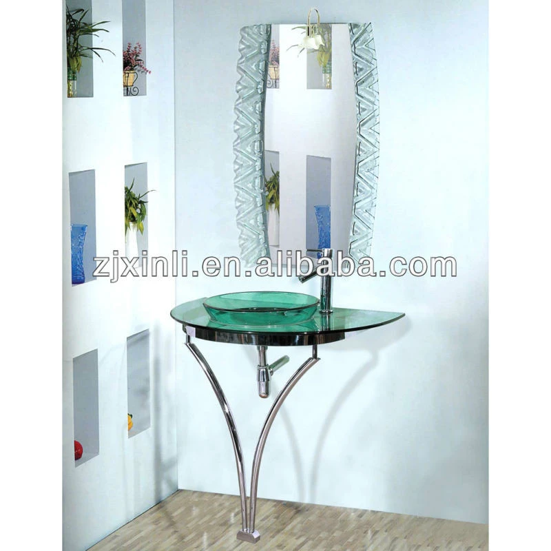 High Quality Tempered Glass Bathroom Sink, Transparent Glass with Stainless Steel Holder