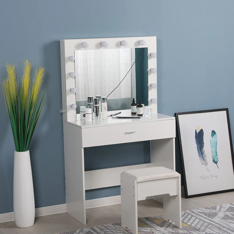 Hot sale white bedroom living room wood dressing table with lighted mirror