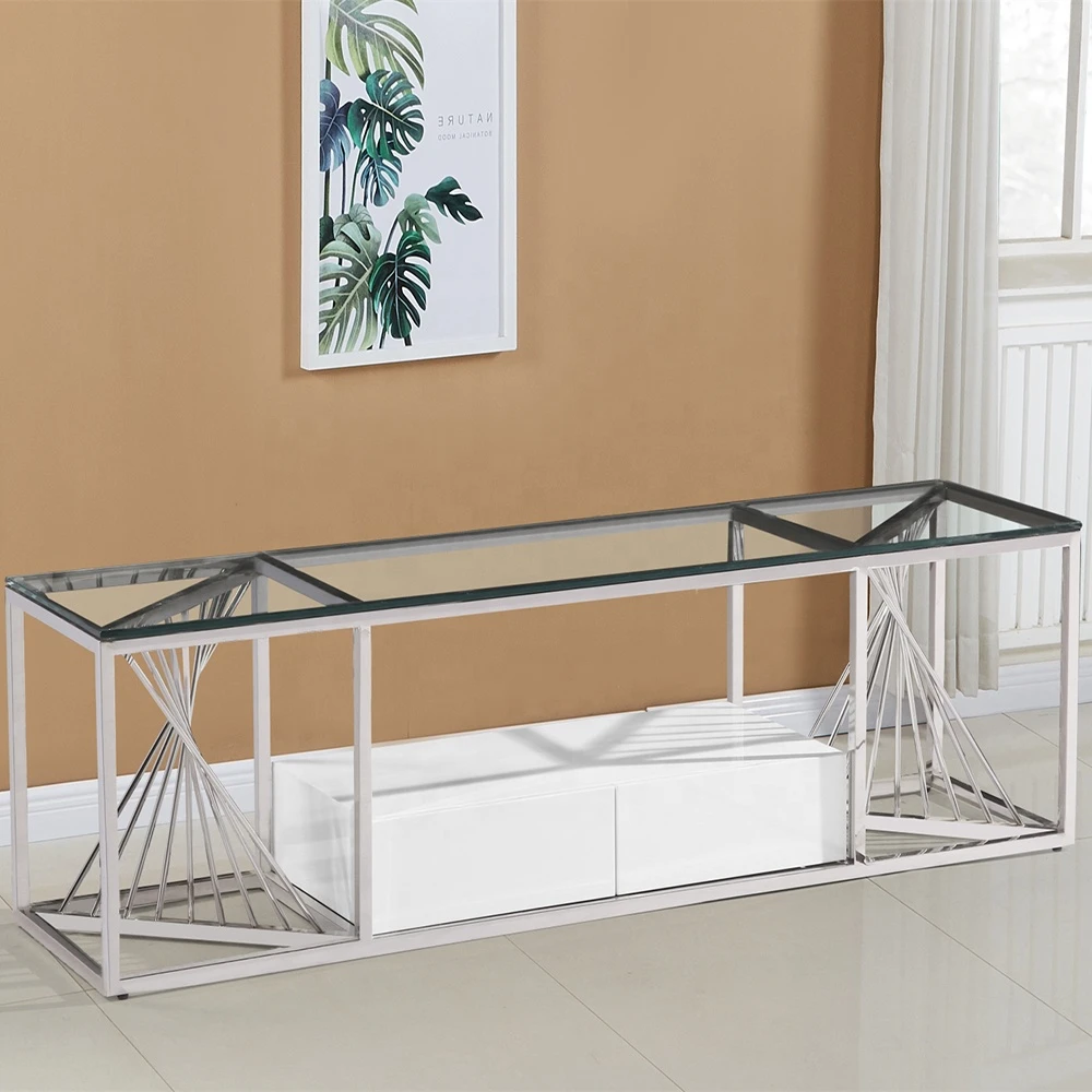 Hot Selling Modern Clear Tempered Glass TV Stand with Silver Stainless Steel Base