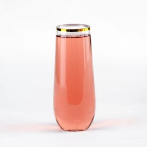 Hot Selling Product Plastic Unbreakable Stemless Champagne Flute Glass with Gold Stamping Rim