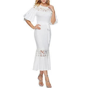 Hot Style OEM High Quality Wholesale Customized Women Dress Lantern Sleeve Fishtail Bottom Fitting Evening Dress With belt