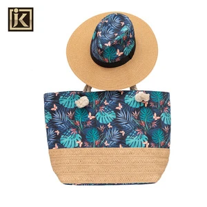 JAKIJAYI Brand Hot Sale Women Wholesale Summer Paper  Floppy  Ladies Straw Hat With Canvas Seaside Print  Beach Bag Set