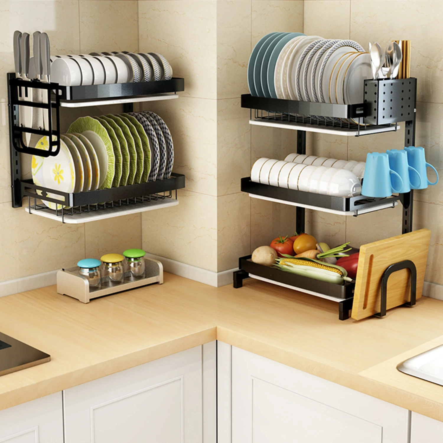 Kitchen Hanging Drying Dish Rack, 2 Tier Wall Mount Plate Bowl Organizer Storage Holder with Drain Tray
