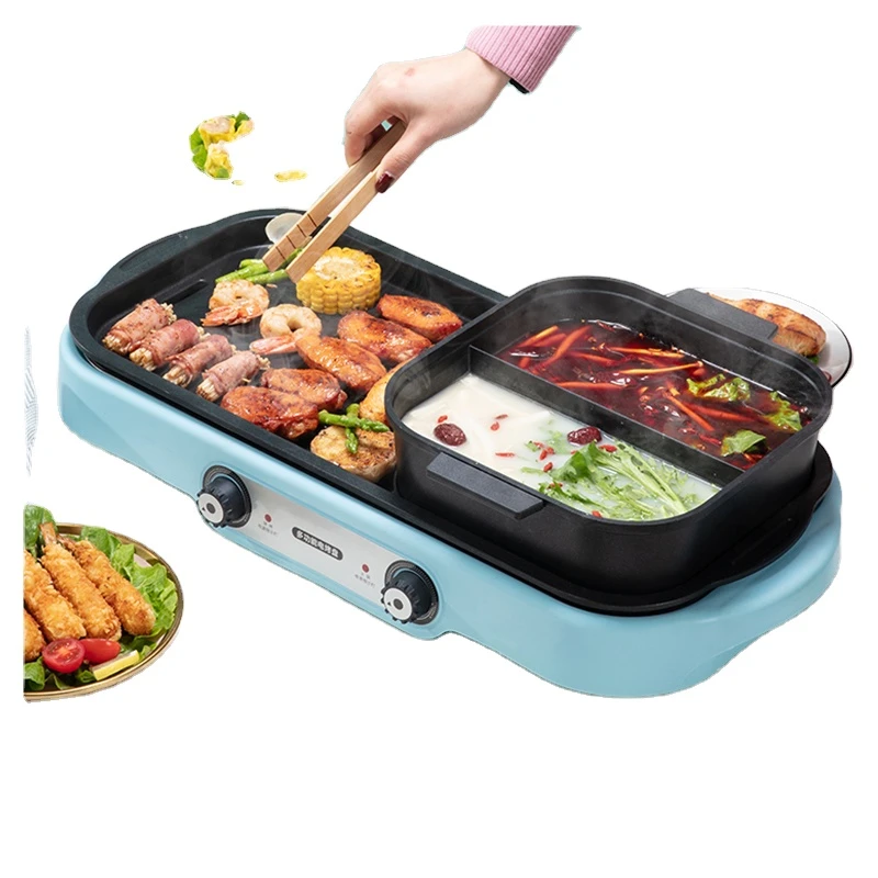 Kitchen multi-function 2 in 1 electric hotpot pan indoor electric smokeless bbq grill with glass lid