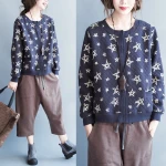 Large size casual all-match age reduction printing round neck long-sleeve loose cardigan short jacket women coat