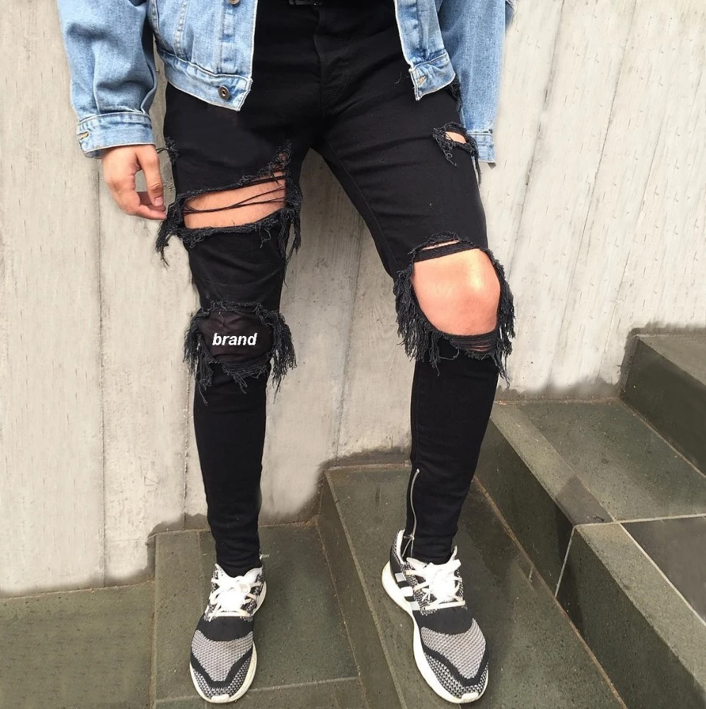 Latest design printed denim jeans manufacturers wholesale men patched stretch destroyed jeans