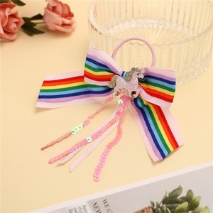 Latest Large Rainbow Hair Bows With Hair Ties for Cheerleader Girls Hair Tie