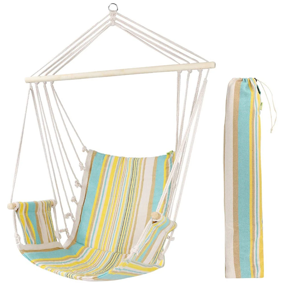 Leisure Blue Stripe Hanging Rope Hammock Chair Swing Seat with Armrest and Carry Bag