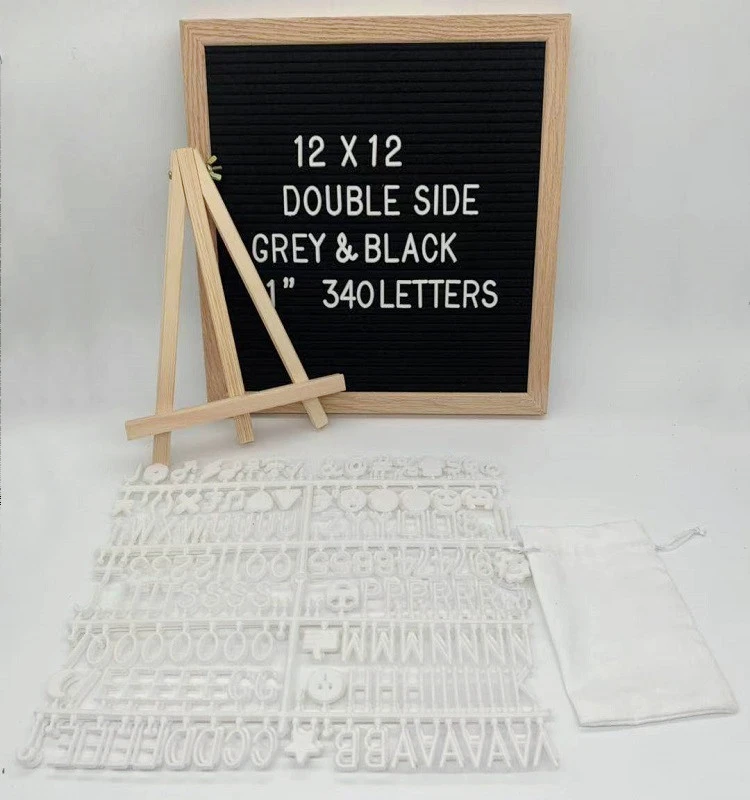 Letter Board 12"x12" Double Sided(Black&Gray) with 340 Pieces 1 inch letters Oak Frame Wooden Letter board for Baby Announcement