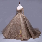 Luxury Gold Middle East Embroidered Long Sleeve Formal Evening Dress For Muslim Prom Gown