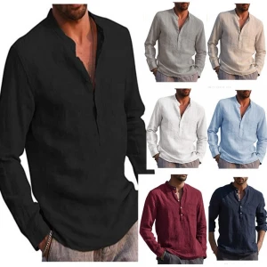 Mens Summer Casual TShirt Short Sleeve Cotton Linen Shirts Men Loose Collar Button Shirt silk Chemise Homme