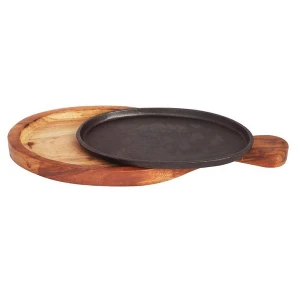 Modern Serving Platter Wooden Bat Base Serving Platter Oval Shape Sizzler Plate with Iron Base Natural Wooden Finish