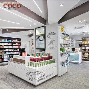 Modern Style Pharmacy Shop Showcase Drug Store Display Shelves Cashier Counter Design