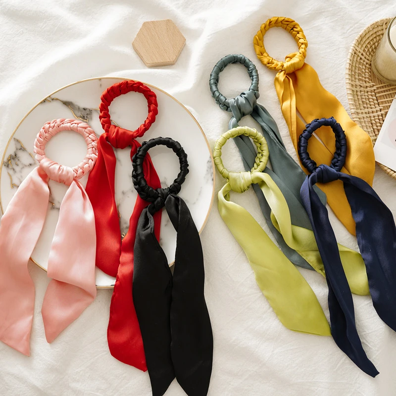 New handmade elastic braided twist ribbon fabric hair scrunchies with long tails solid color pony tail holder for women