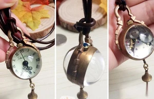 New Small Ball Shape Brass Vintage Men Skeleton Mechanical Women Pocket Watch + Chain