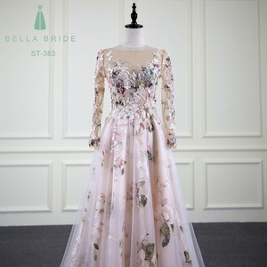New Style evening dresseslong sleeve A-Line Flower Appliques Long Sleeve Evening Cocktail Prom Party Dresses