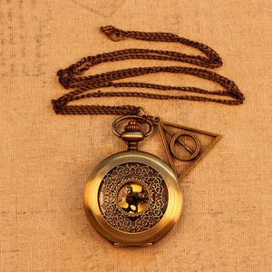 New vintage hollowed-out pocket watch gold dial triangle deathly hallows pocket watch necklace