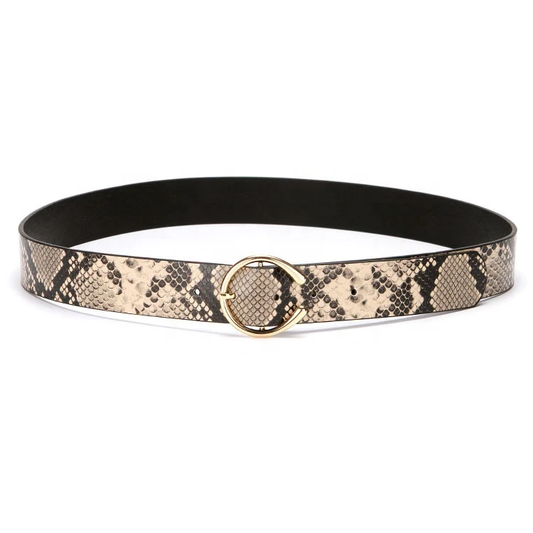 Newest Design Women&#x27;s  Snake skin Print Belts Golden Alloy Buckle Pu Leather Belt