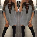 OEM 2019 New Casual Dress Woman V-neck Solid Short Sleeve Cotton Party Dress