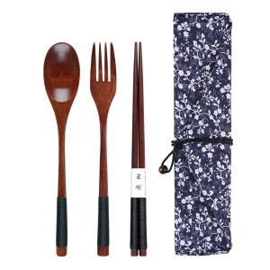 Portable Reusable Picnic Bamboo Spoon Fork Chopsticks Wooden Travel Utensils Cutlery Flatware Tableware Set