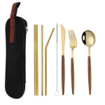 Portable Reusable Travel Cutlery Set Gold Stainless Steel With Case
