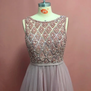 PR0000181 elegant O-neck  maxi women gowns lace applique sleeveless tulle evening dress