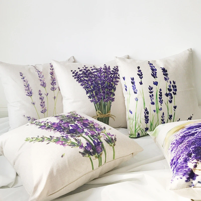 Provence Lavande Printed Throw Pillow Case Linen Sofa Cushion Cover