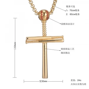 PVD Black Plated Stainless Steel Athletes Cross Necklace Sports Pendant Baseball Charm Baseball Bat Cross Necklace