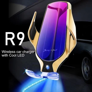 R9 10w qi chargeur car wireless car charger with usb and cable flast light chargeur for Samsung Apple