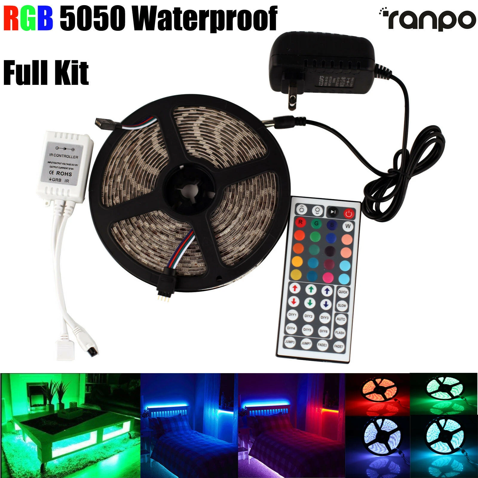 Ranpo Waterproof 5M RGB 300 LED Strip Light 5050 SMD 44 Key Remote 12V Power Full Kit