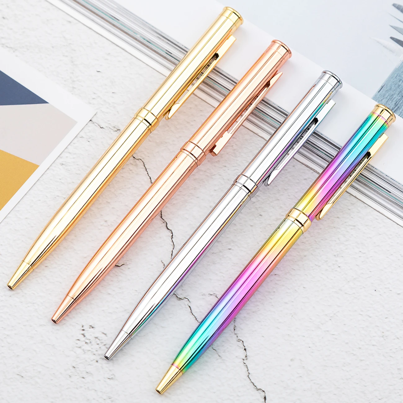 Rose gold/Gold/Silver plating color ball pen with custom logo stationary slim promotional metal ball point pens