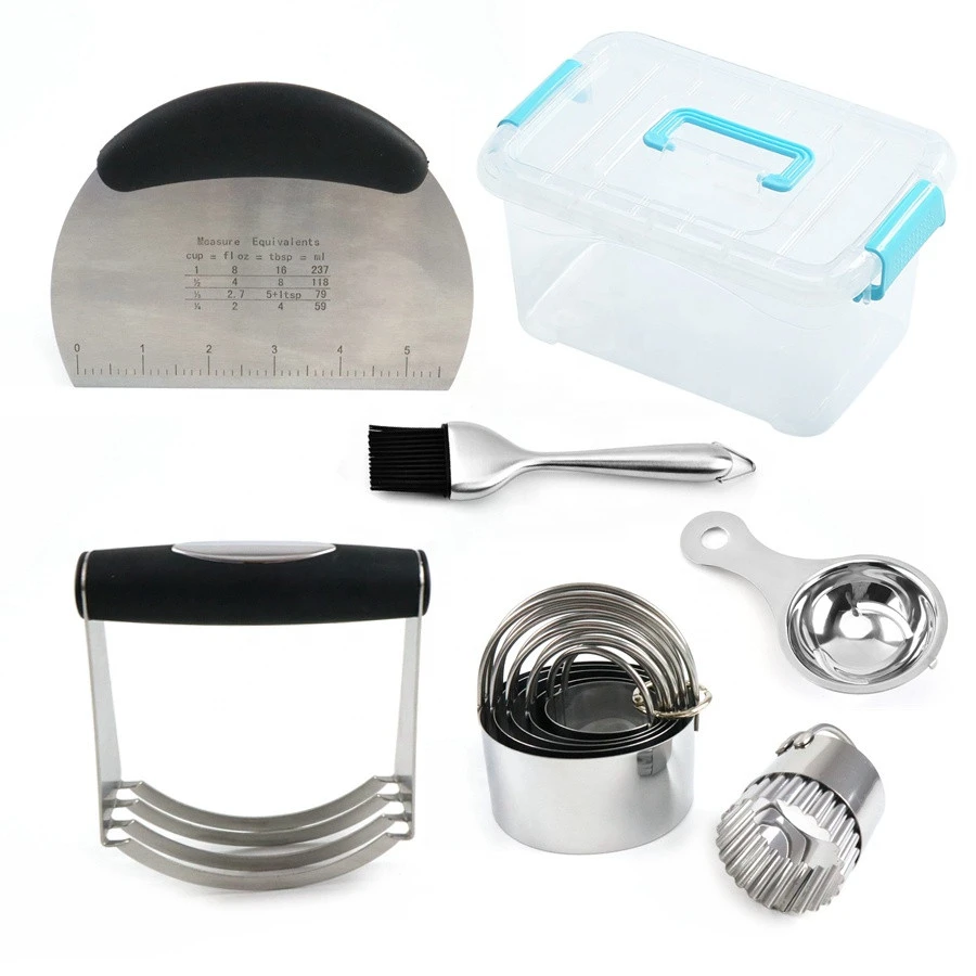 Round circle biscuit pastry cookie dough cutter set with dough blender mixer and egg separator in storage box