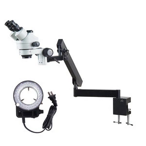 Simul-Focal Trinocular Stereo Microscope With Articulating Arm Tight Clips Fixation Clamp LED Light 7X-45X Zoom Microscope