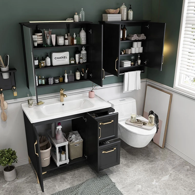 Solid wood frame material  bathroom furniture   black gold handle light luxury