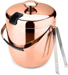 Stainless steel metal champagne ice bucket with ice cubes and tong set