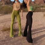 Stretchy High Waist Bell Bottom Pants Women Spring Bodycon Long Pant Femme Streetwear Casual Green Pants Flare Trouser