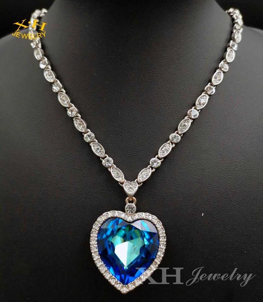 Valentines Gift Fashion Jewelry Austria Blue Sapphire Crystal Heart Shape Charm Pendant Necklace