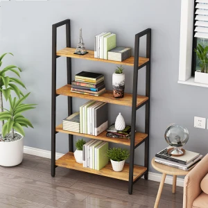 Vintage metal frame furniture industrial wooden shelving unit bookshelf leaning ladder style bookcase