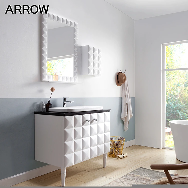 White Wooden  Bathroom Vanity Cabinet With Modern Standing Design And Large Space Saver Shelf