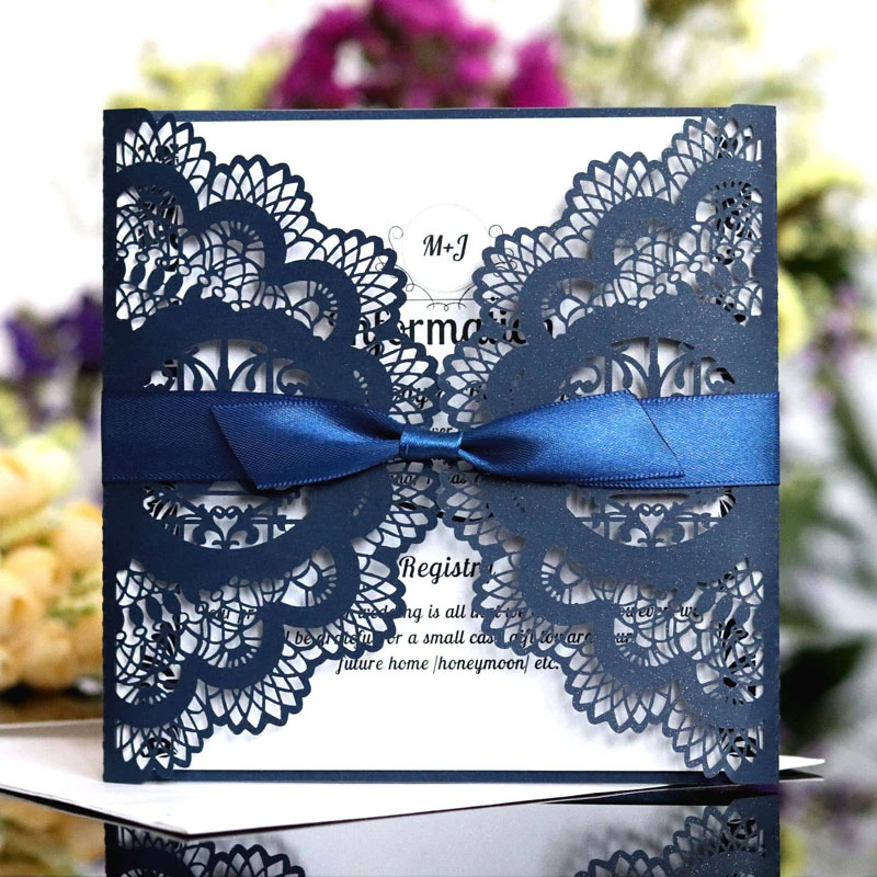 Wholesale navy blue laser cut wedding invites embossed bridal shower invitation card wedding