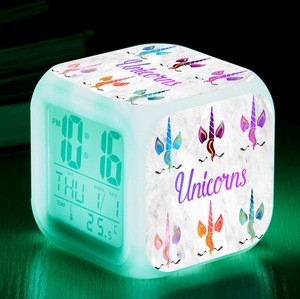 Wholesale Stock Unicorn colorful Square digital alarm clock for kids