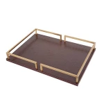Wholesale wooden craft wooden handicraft home decorative custom square brown faux leather wooden tray stainless trays