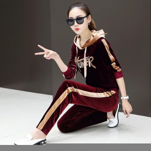 winter fall 2020 lounge casual plus size embroidery printed hoodie wide legged 2 piece velvet pants set women