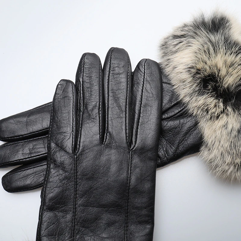 Women&#x27;s Winter Gloves Christmas Women leather Gloves Autumn Winter Warm Faux Rabbit Fur Gloves Mittens PTGW036