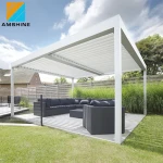 Wood Grain Pavilion Pergola Aluminium Garden Set Outdoor Furniture With LED Lights