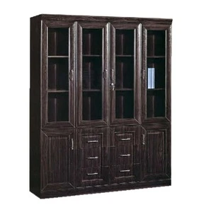 wooden panel type MDF board 4 doors walnut color book storage cabinet bookcase