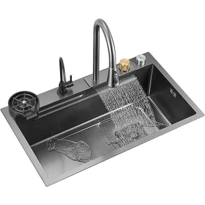 304 Stainless Steel Kitchen Sinks Complete Whole Set Waterfall Kitchen Sink Big Single Bowl with Dish Rack Under Mount