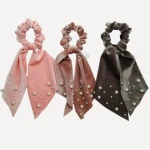 Women Fashion Handmade Long Tail Bead Velvet Scrunchies
