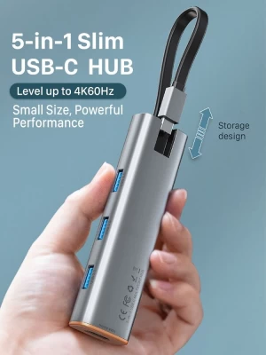 Slim 5 in 1 USB C HUB to HDMI-compatible 4K 60Hz PD 100W USB 3.0